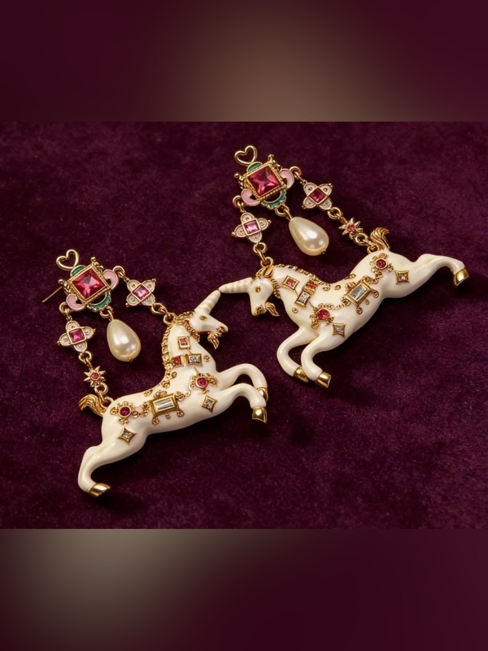 Carousel Unicorn Horse PearlDrop Earrings Pink Pony Crystal Accents